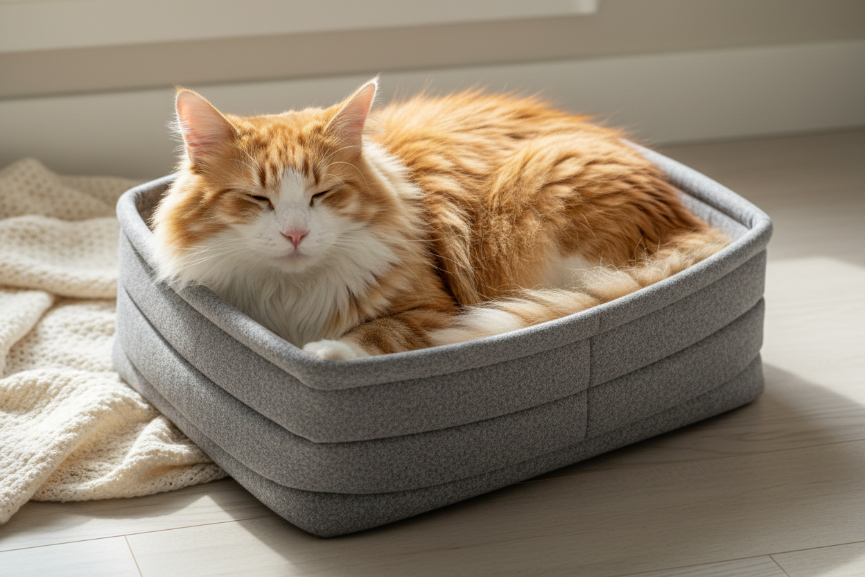 chat au long poile heureux allongé dans un panier rectangulaire gris en tissu