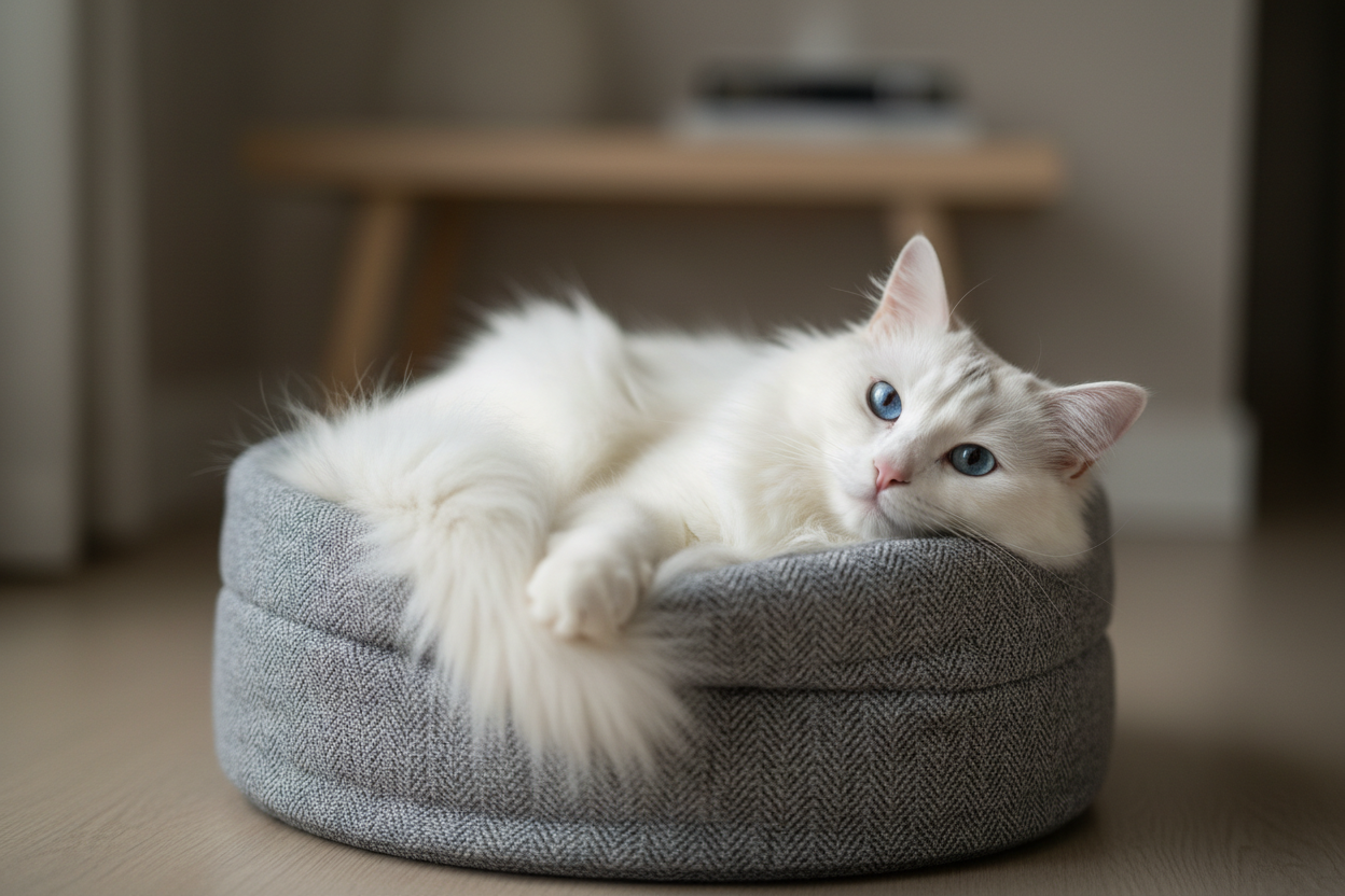 chat blanc poile long yeux bleu allongé sur le coté dans un panier gris en tissu qui regarde vers nous