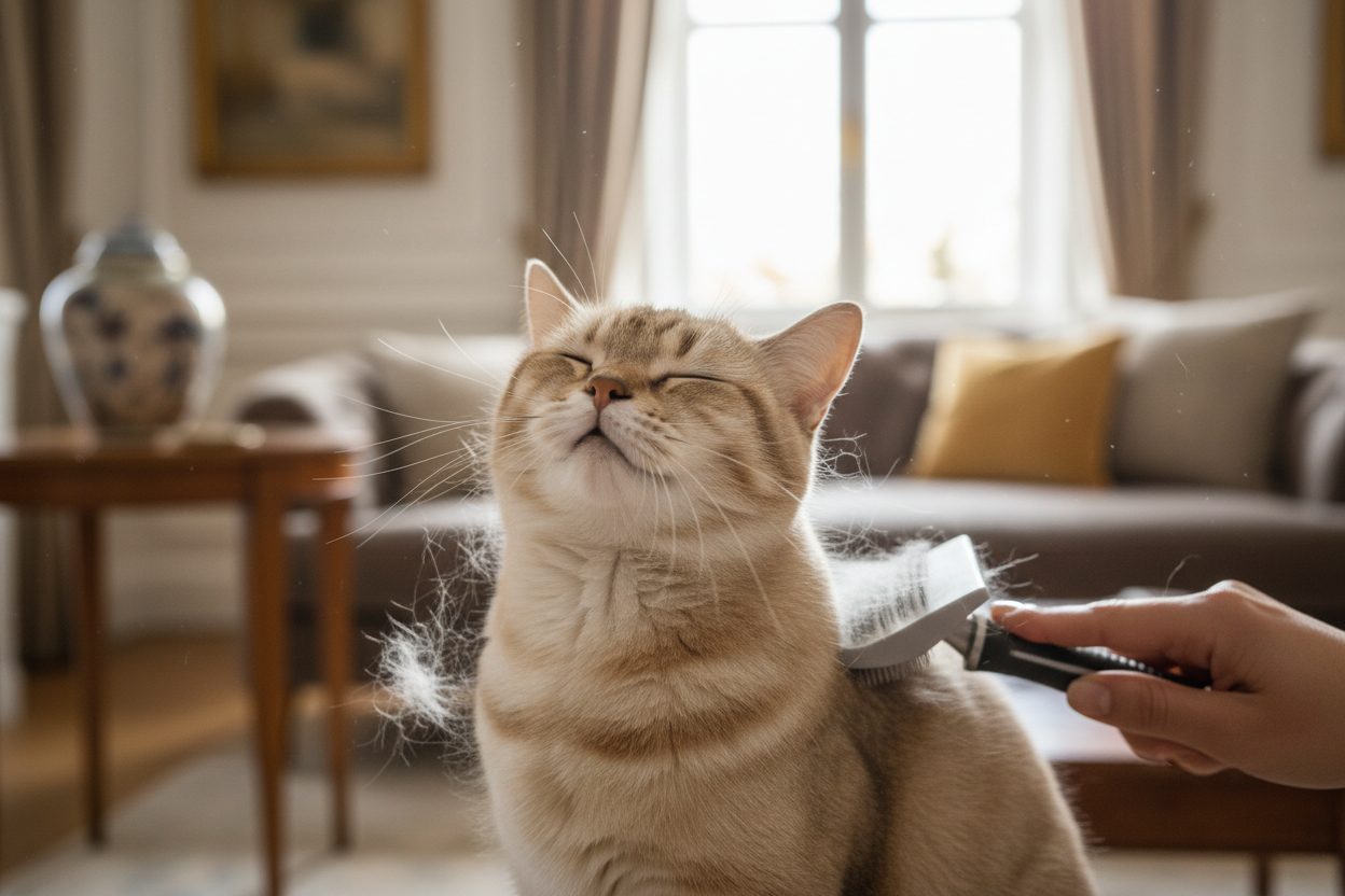 chat marron clair, gros plan sur le chat qui se fait brosser, il a l'air d'apprécier, fond flou appartement luxueux