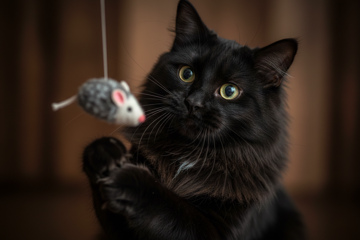 un chat noir, poile long, yeux perçants et très beau, en gros plan, jouant avec une souris accroché a un fil