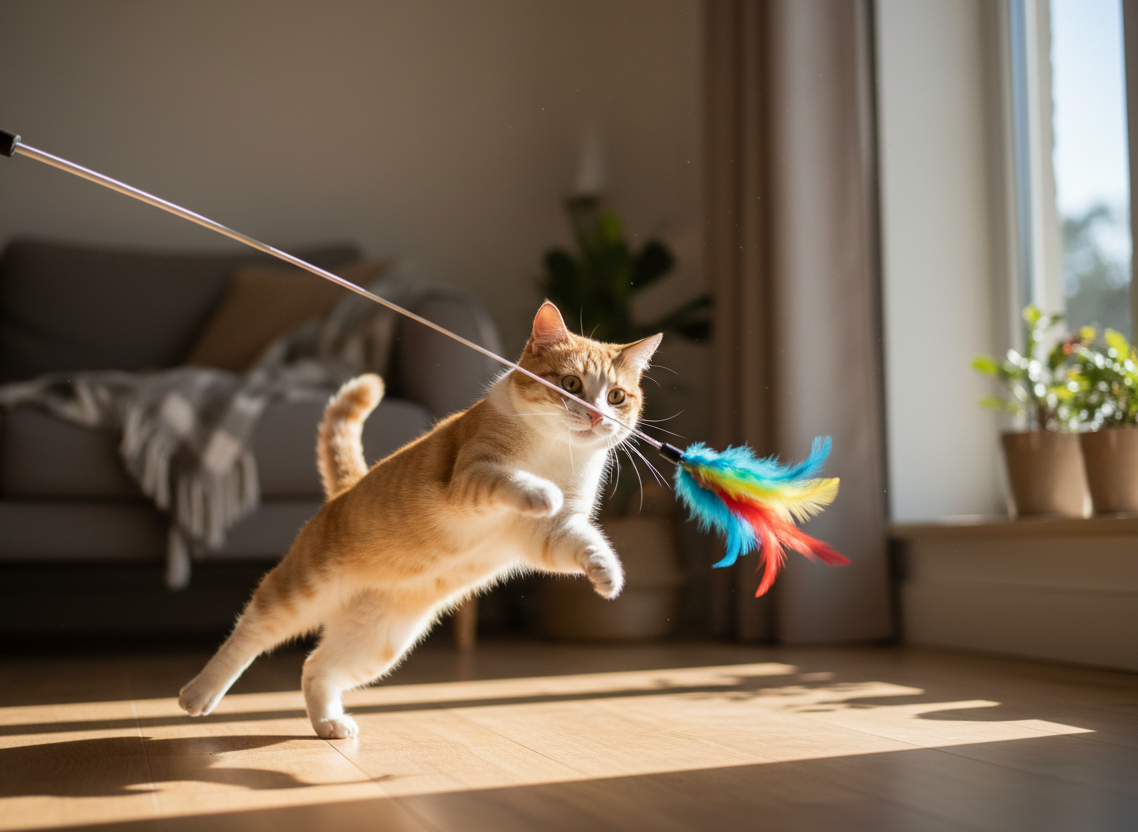 utilise les images sélectionnées pour générer un chat qui court apres un jouet style canne a peche avec au bout du fil des plumes accrochées